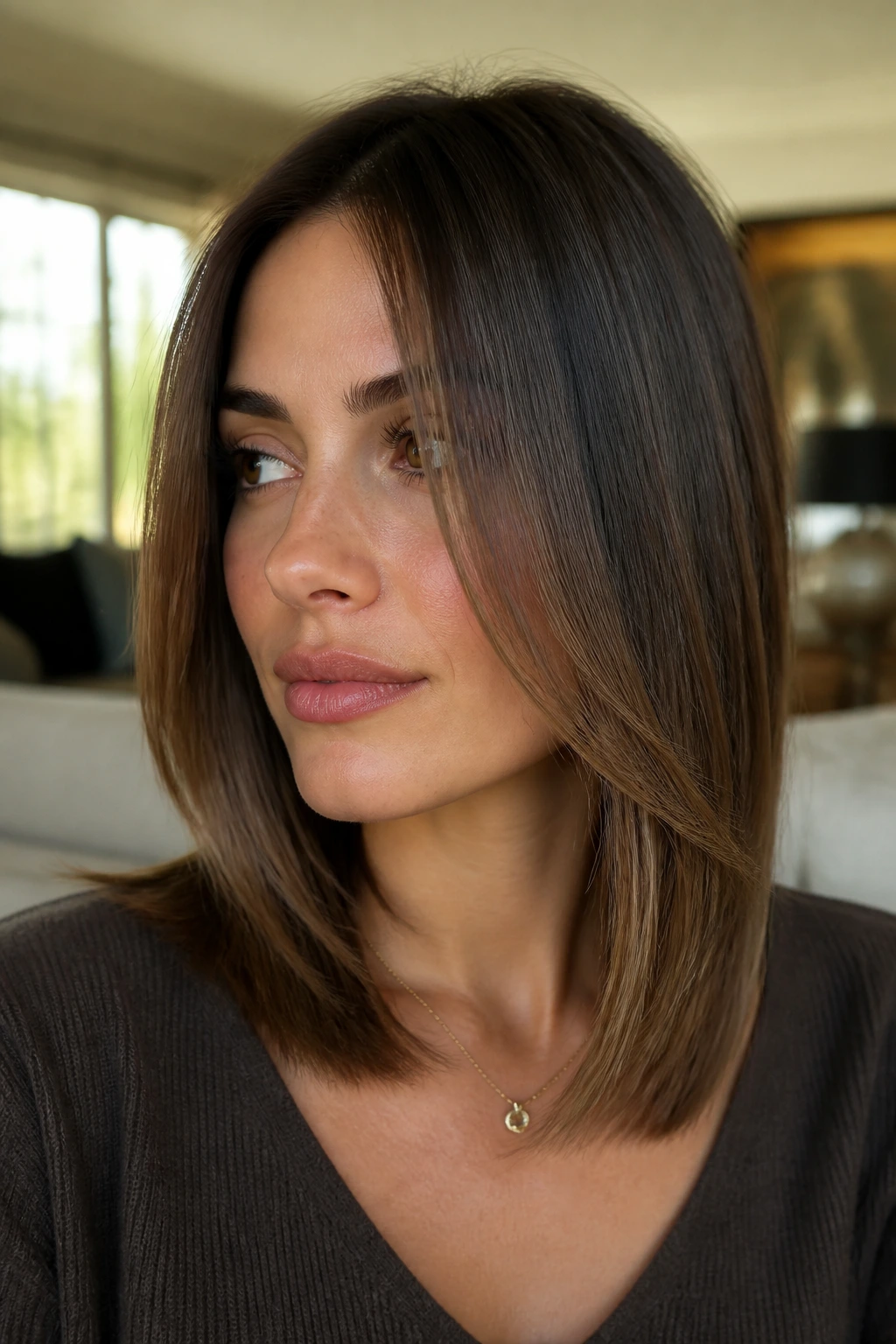 Close-up portrait of a real woman with a long face-frame lob and feathered front pieces framing her cheeks.