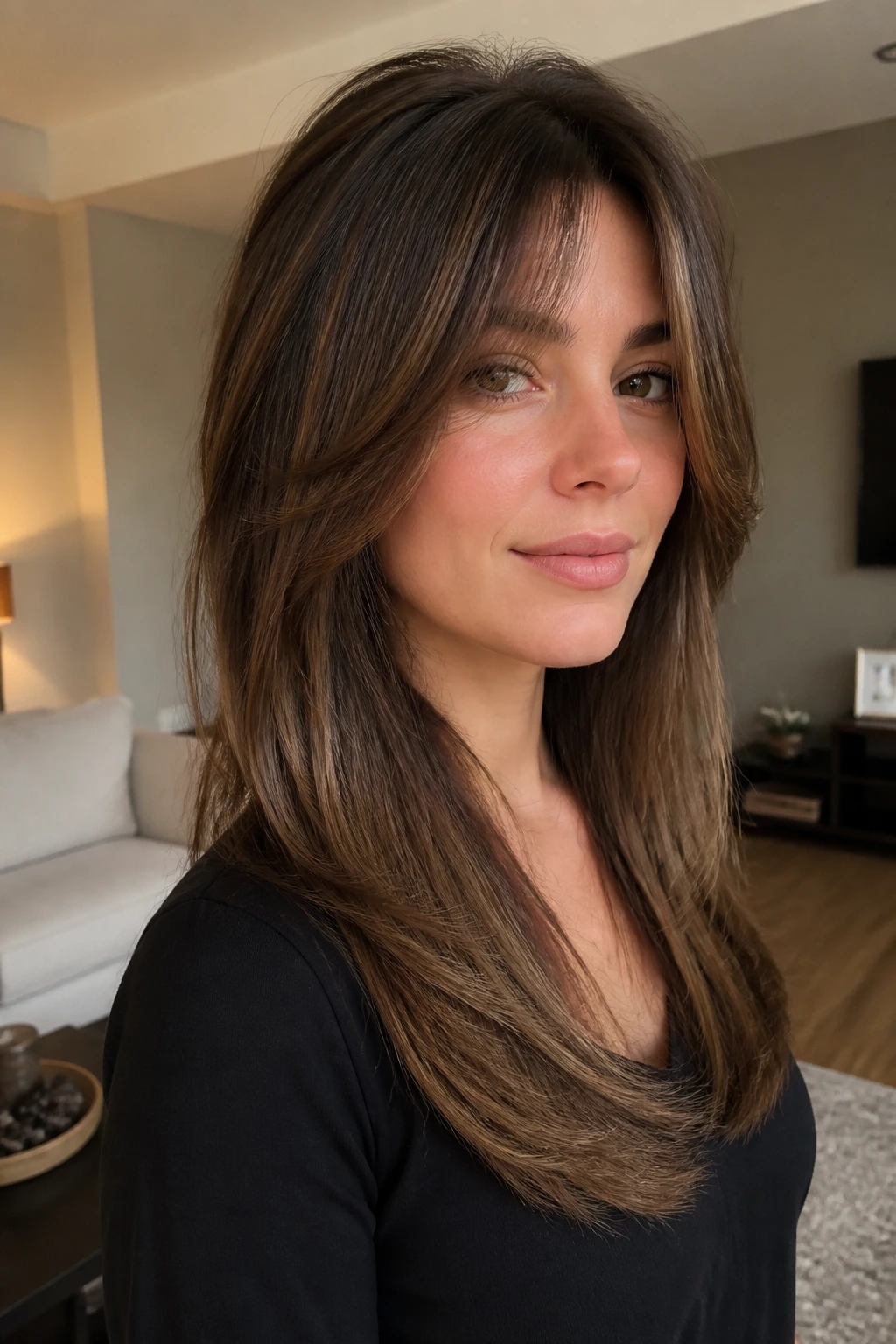 Portrait of a woman showing a short face frame with long body layers