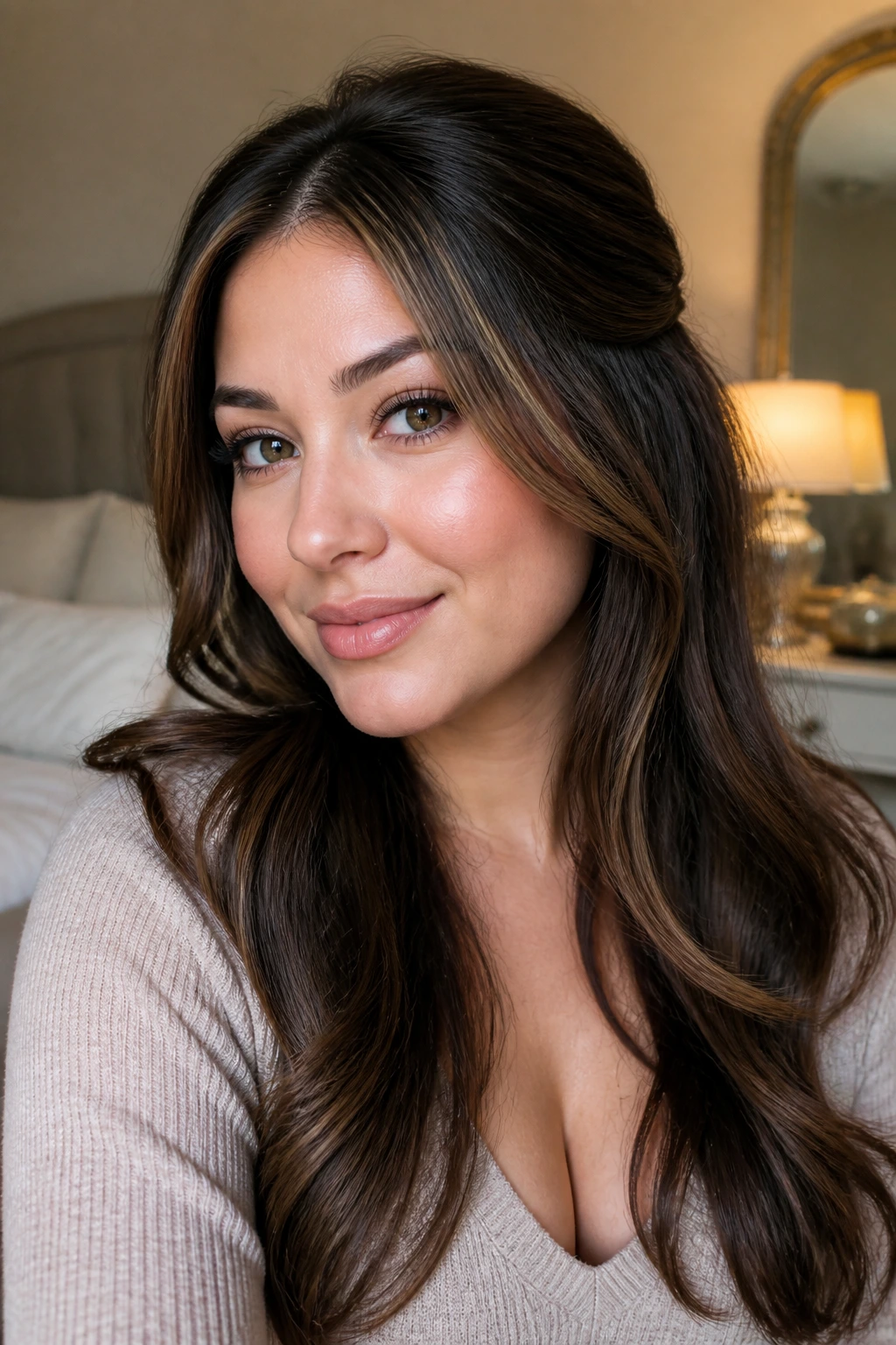 Close-up portrait of a real woman with face-frame pin back and cascading length hairstyle