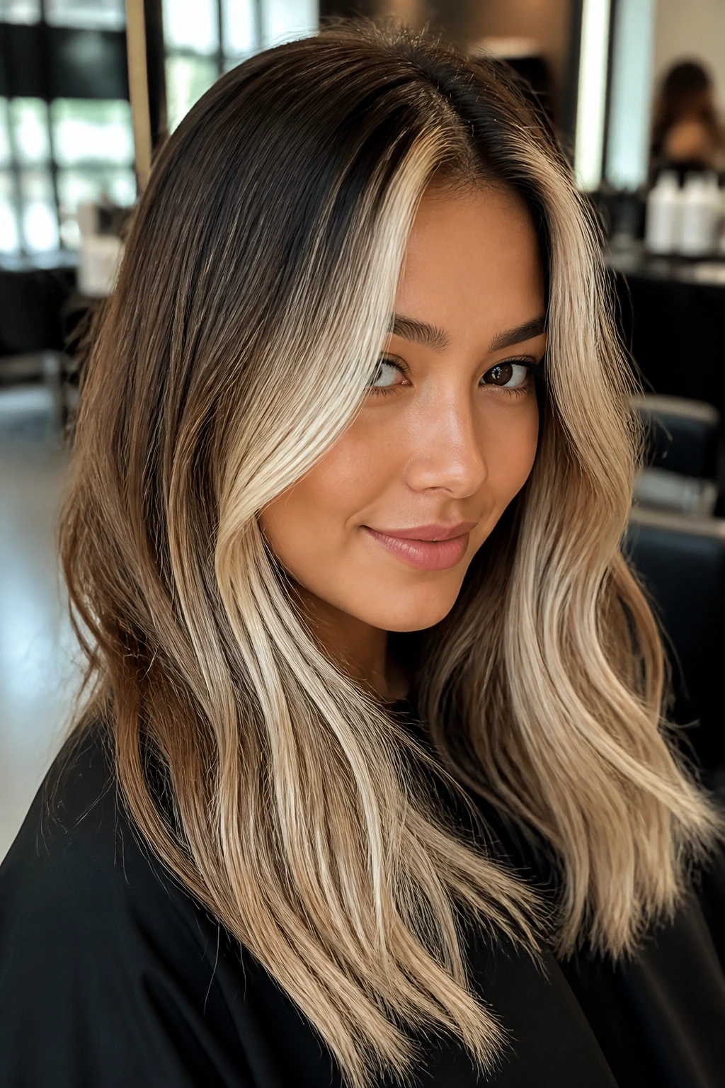 Portrait of a woman with bold face-frame platinum highlights