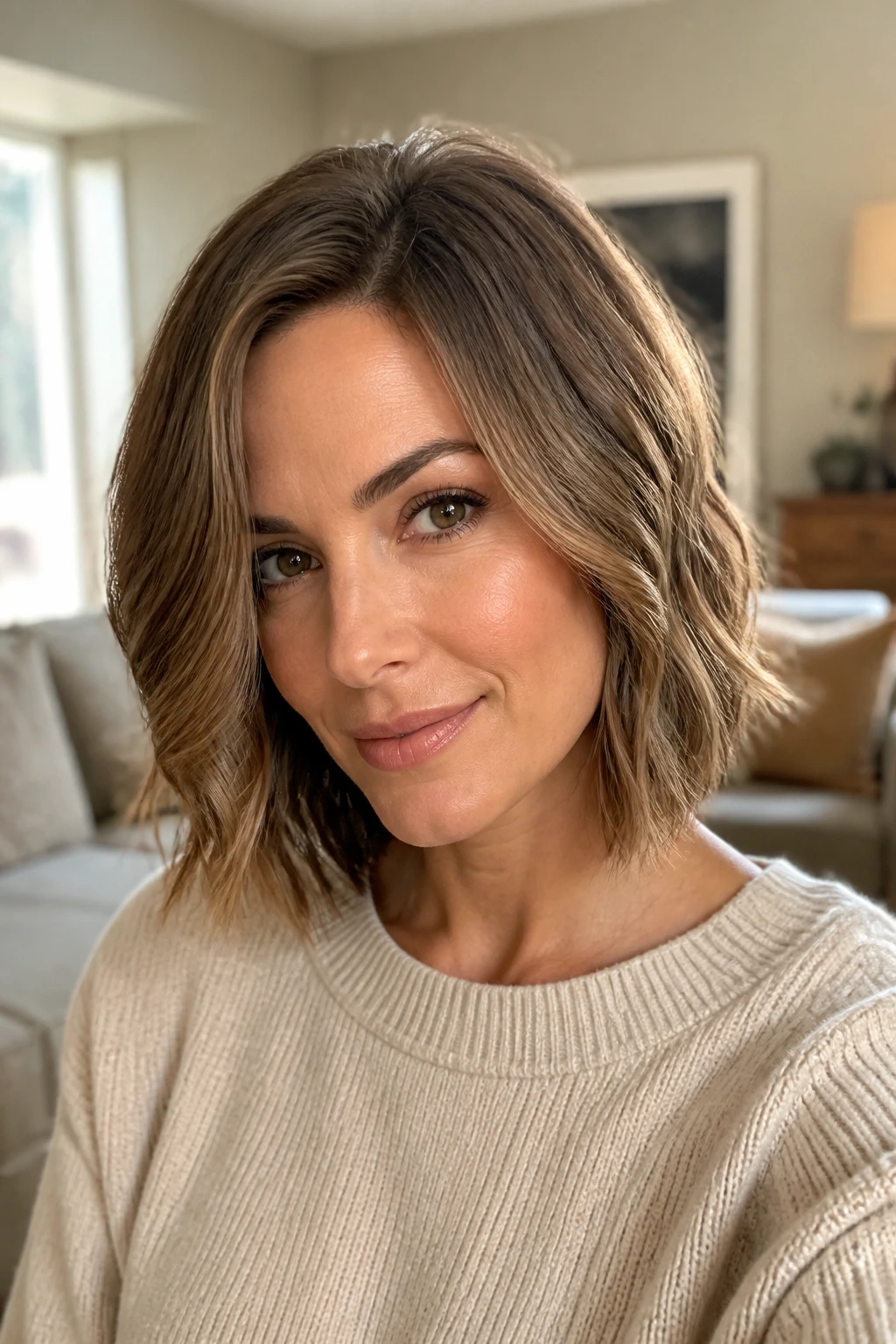 Portrait showing off-center part and balanced crown on a bob wig for heart-shaped face.