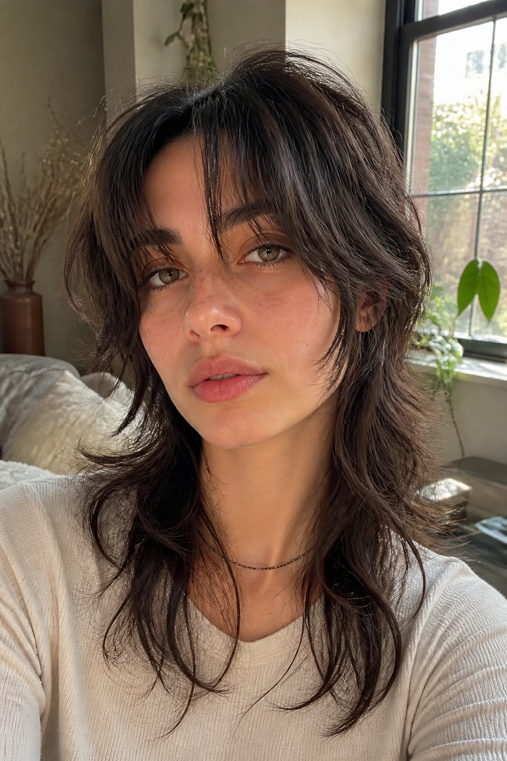 Close-up portrait of a real person with a face-frame shag and curtain bangs in warm window light.