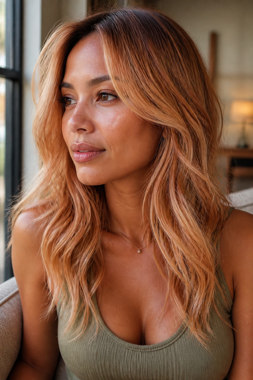 Portrait of a real woman with face-framing strawberry blonde highlights and balayage.
