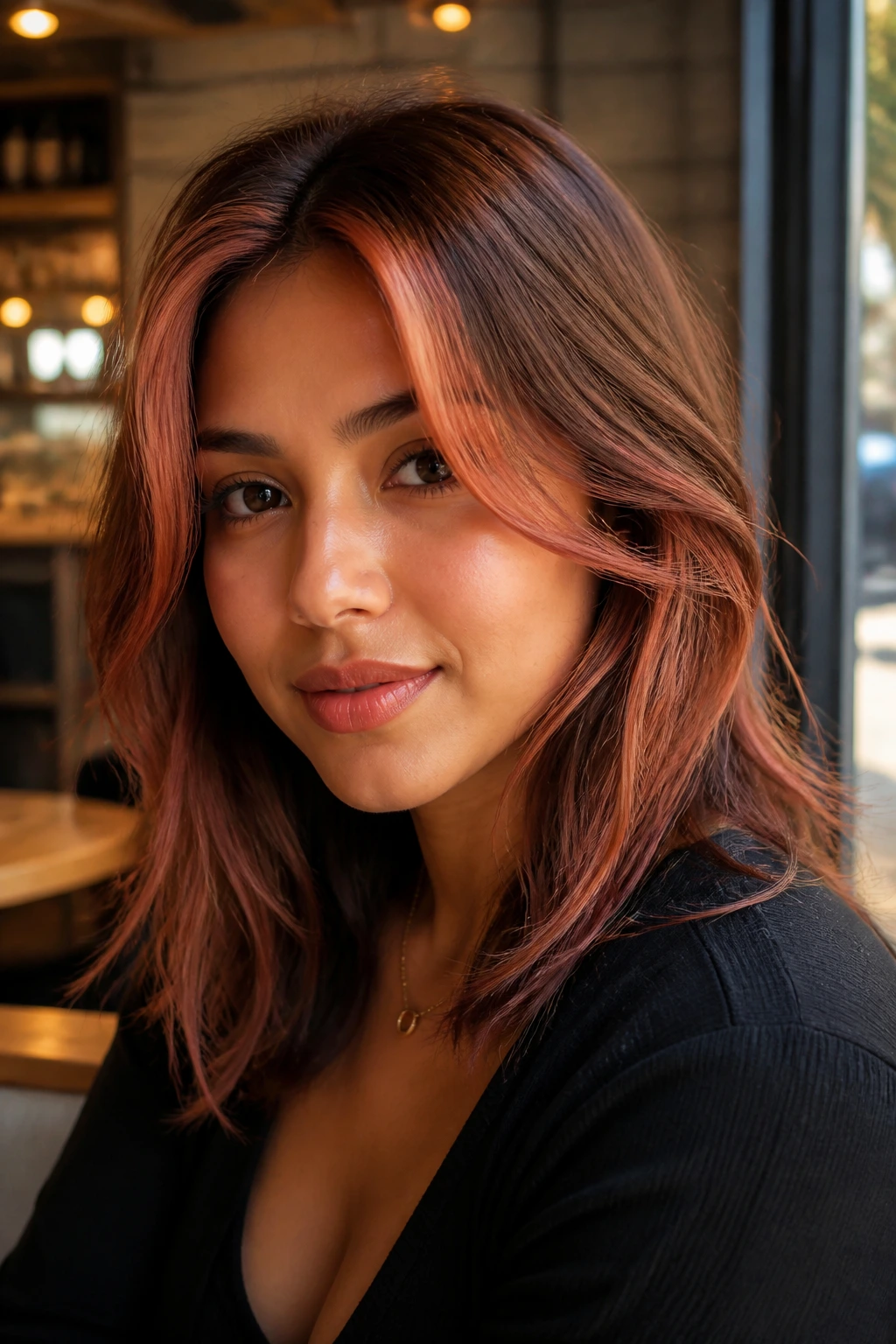Close-up of a real person with face-frame strawberry highlights, showcasing a variation