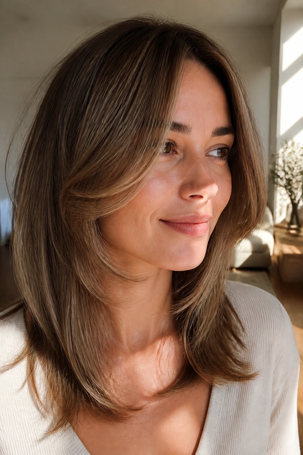 Portrait of a real woman with blended face-frame sweep fringe blending into front layers.