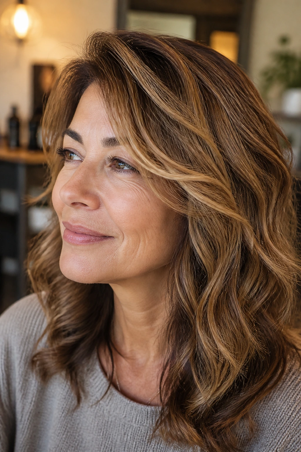 Close-up of a real woman with a soft side-part and face-framing layers with caramel highlights