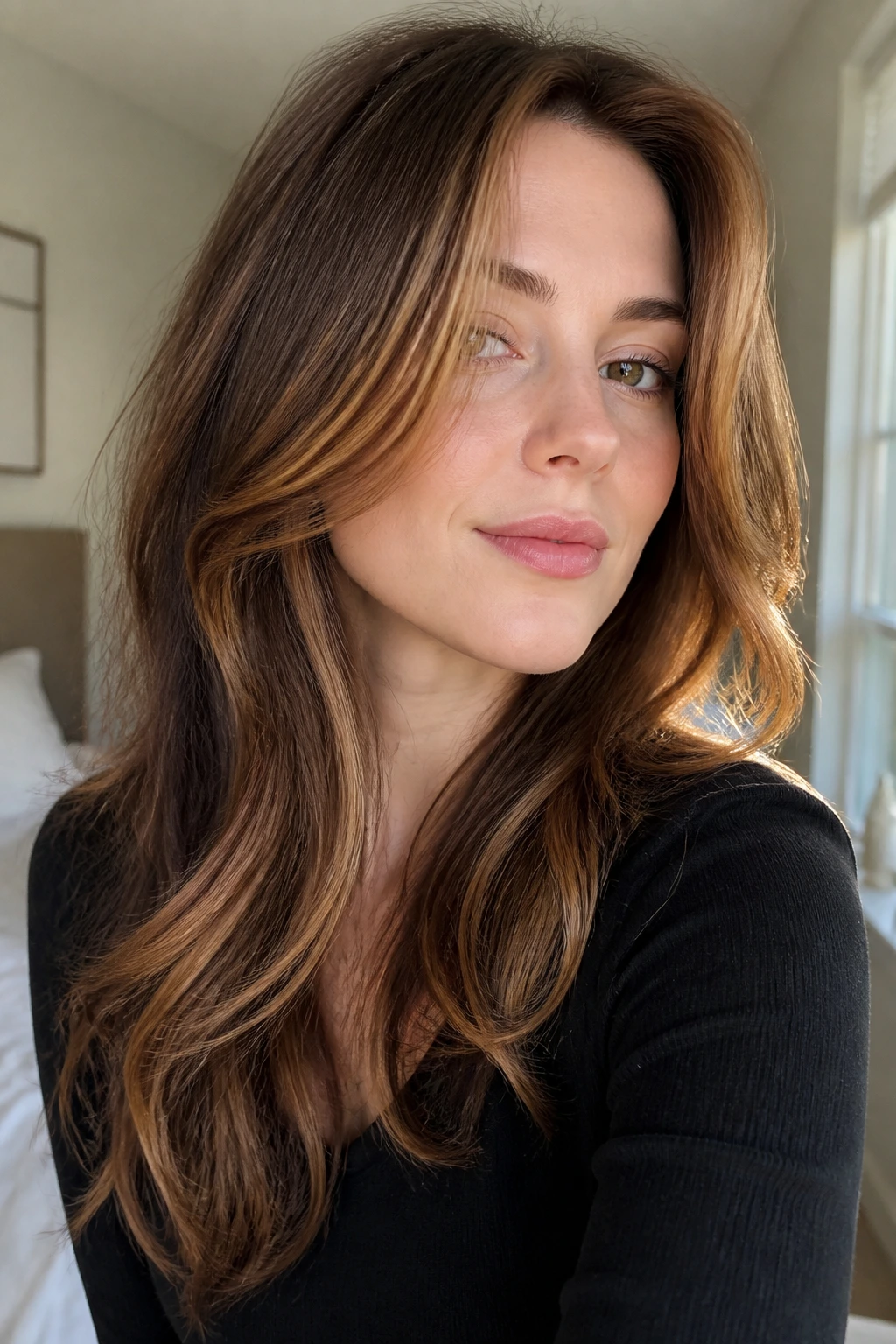 Close-up of a real woman with fair skin showing soft amber ribbons framing the face