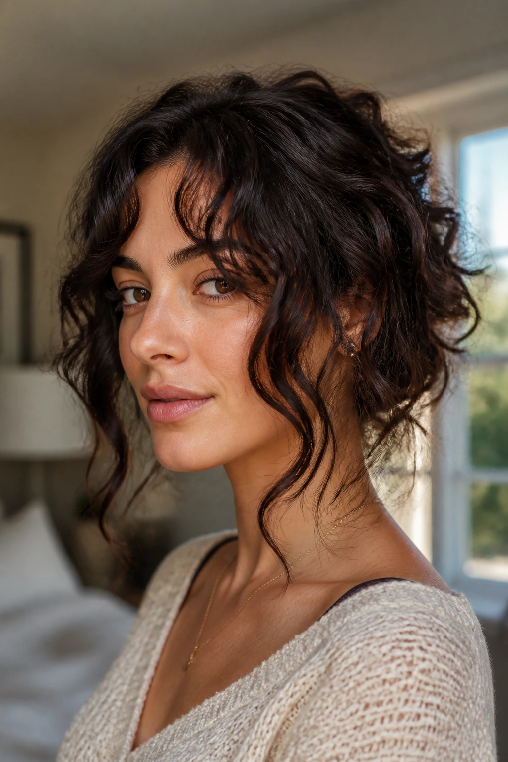Close-up of a real person with long face-framing bangs in warm indoor light