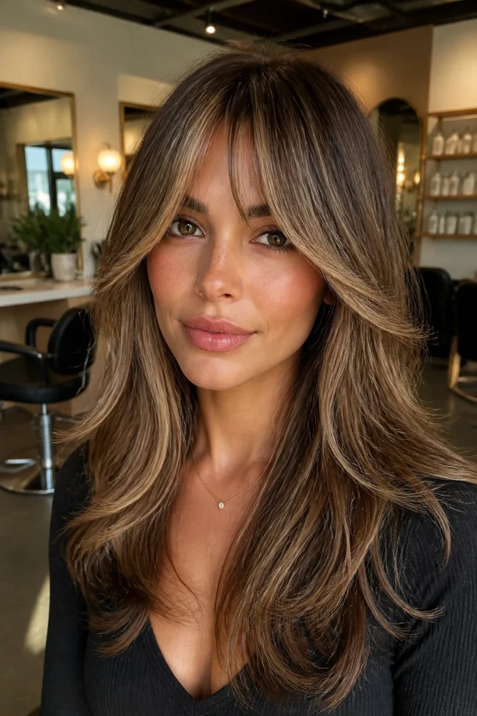 25 Long Bangs for Long Faces with Money Piece Highlights