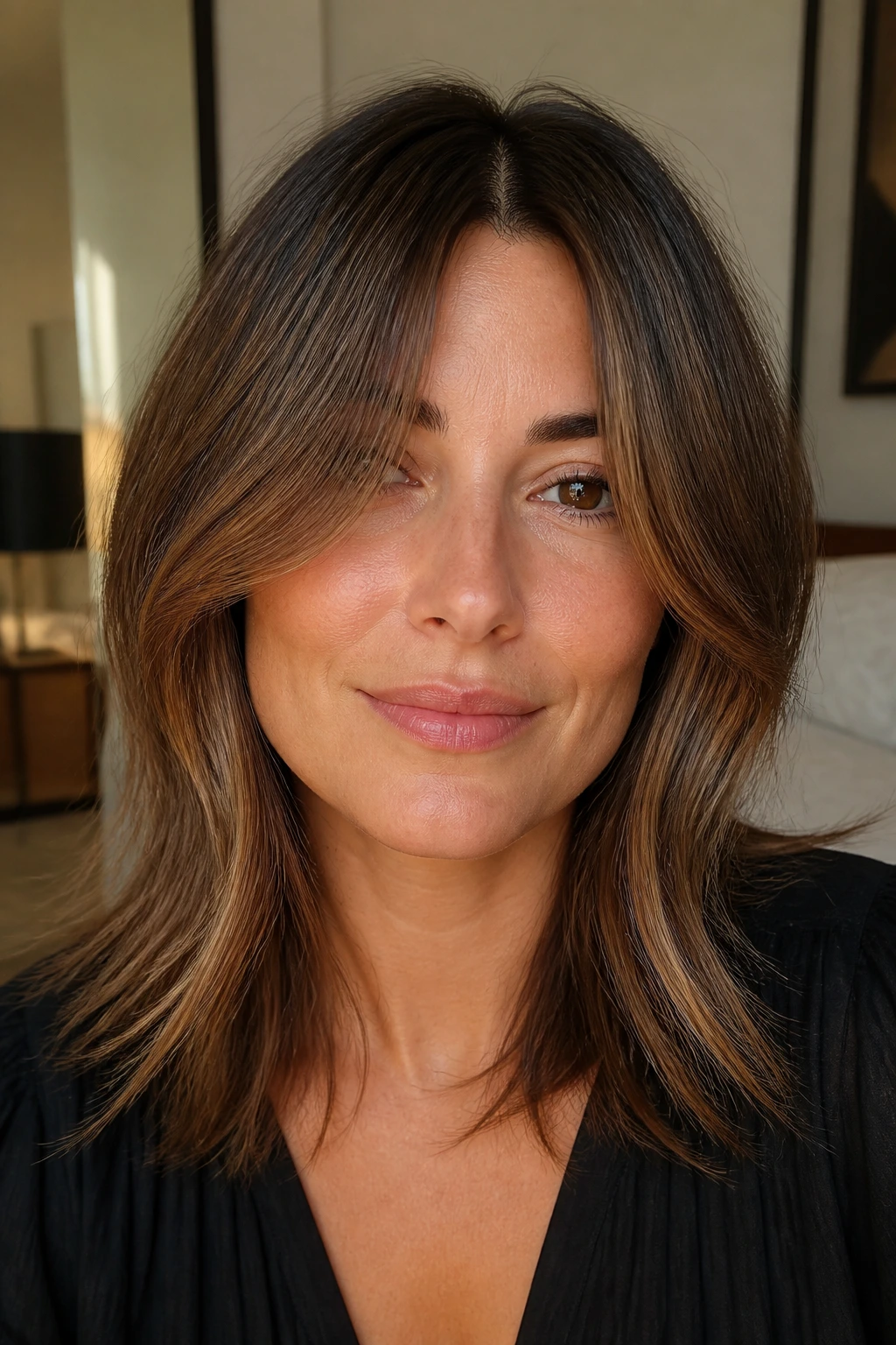 Portrait of a woman with center-parted face-framing bangs and bottleneck finish