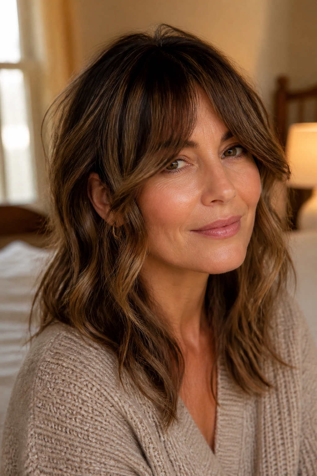 Close-up of a real woman with cheekbone-starting face-framing bangs in soft waves