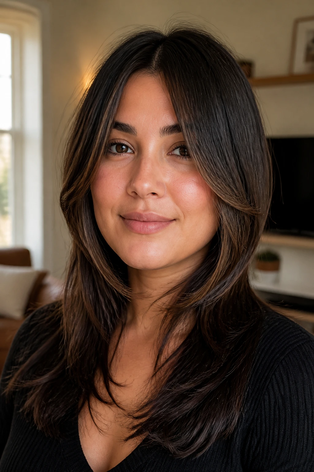 Close-up portrait of a real person with face-framing bangs blending to chin length.
