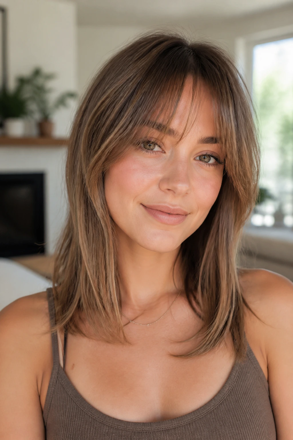Close-up of a real woman with face-framing bangs and collarbone layers