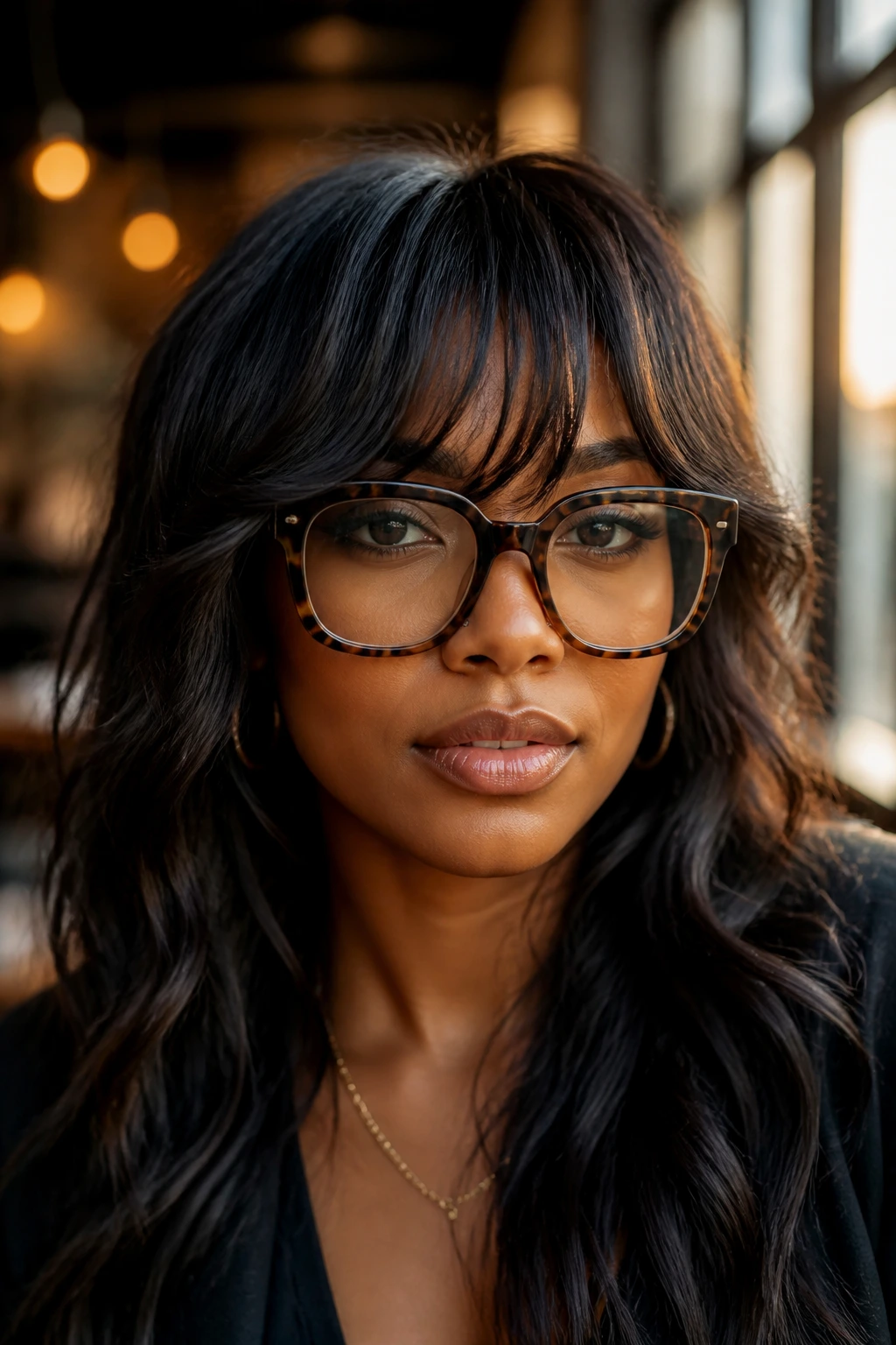 Close-up of a real Black woman with face-framing bangs and large glasses