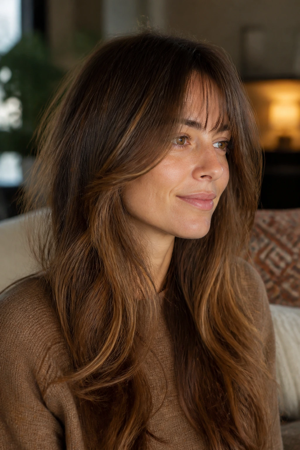 Portrait showing cheekbone-starting face-framing layers and fringe on long hair