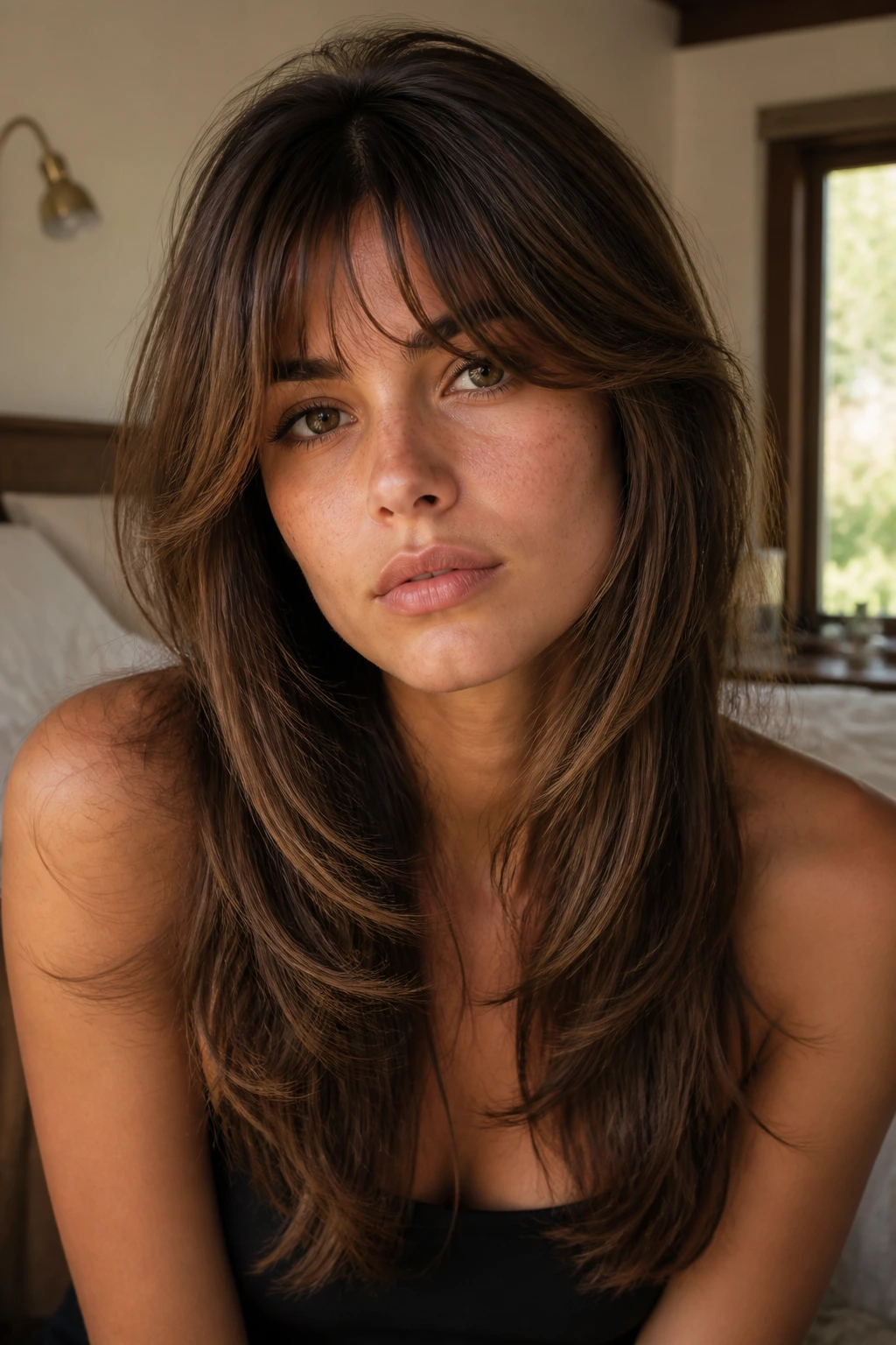 Close-up portrait of a real woman with face-framing bangs and feathered ends.