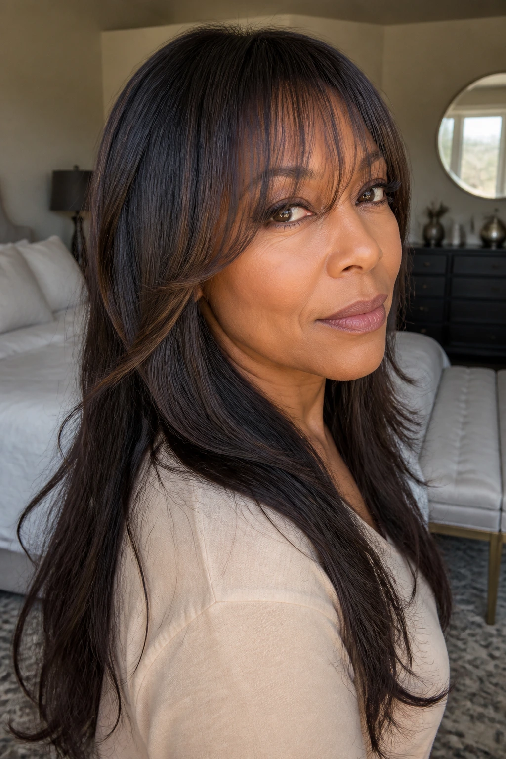 Close-up portrait of a real woman with face-framing bangs and mid-back sew-in