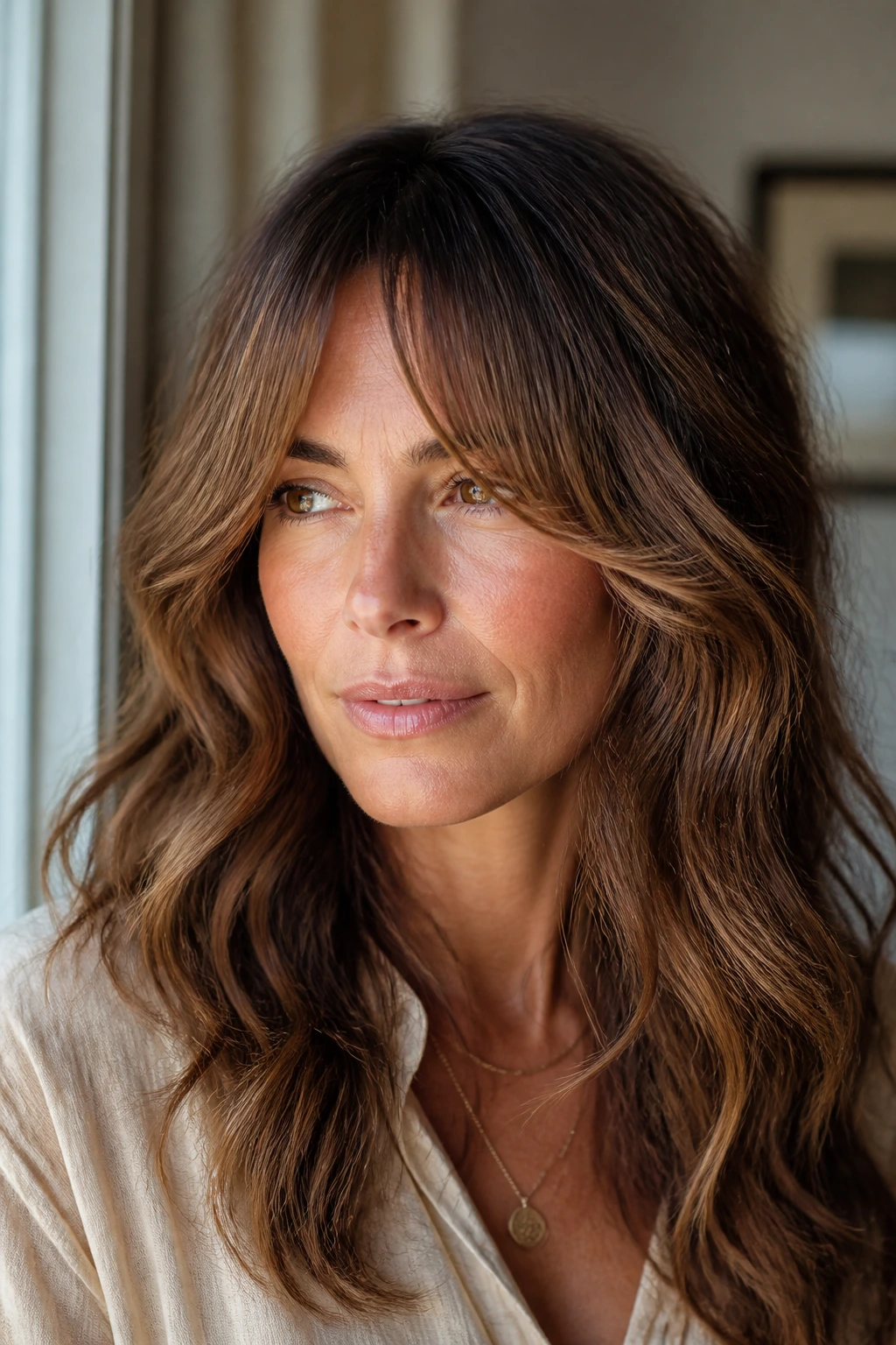 Close-up of a real woman with face-framing bangs starting at the nose