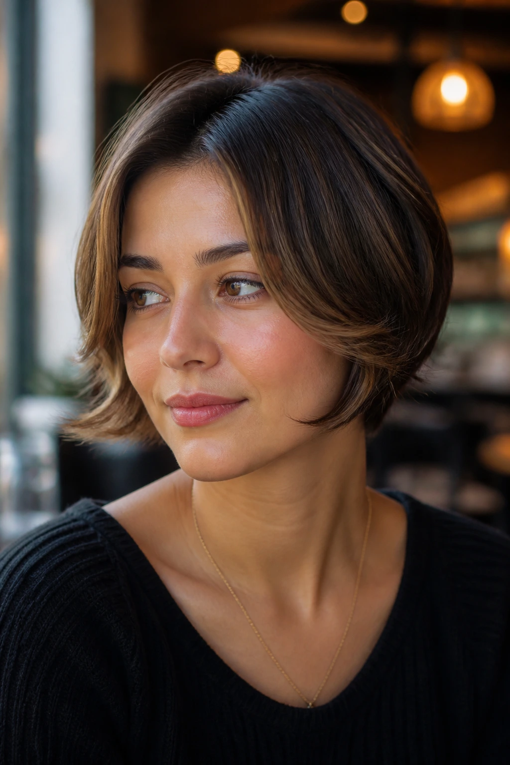Short cut featuring a face-framing bend and outward jawline flick.