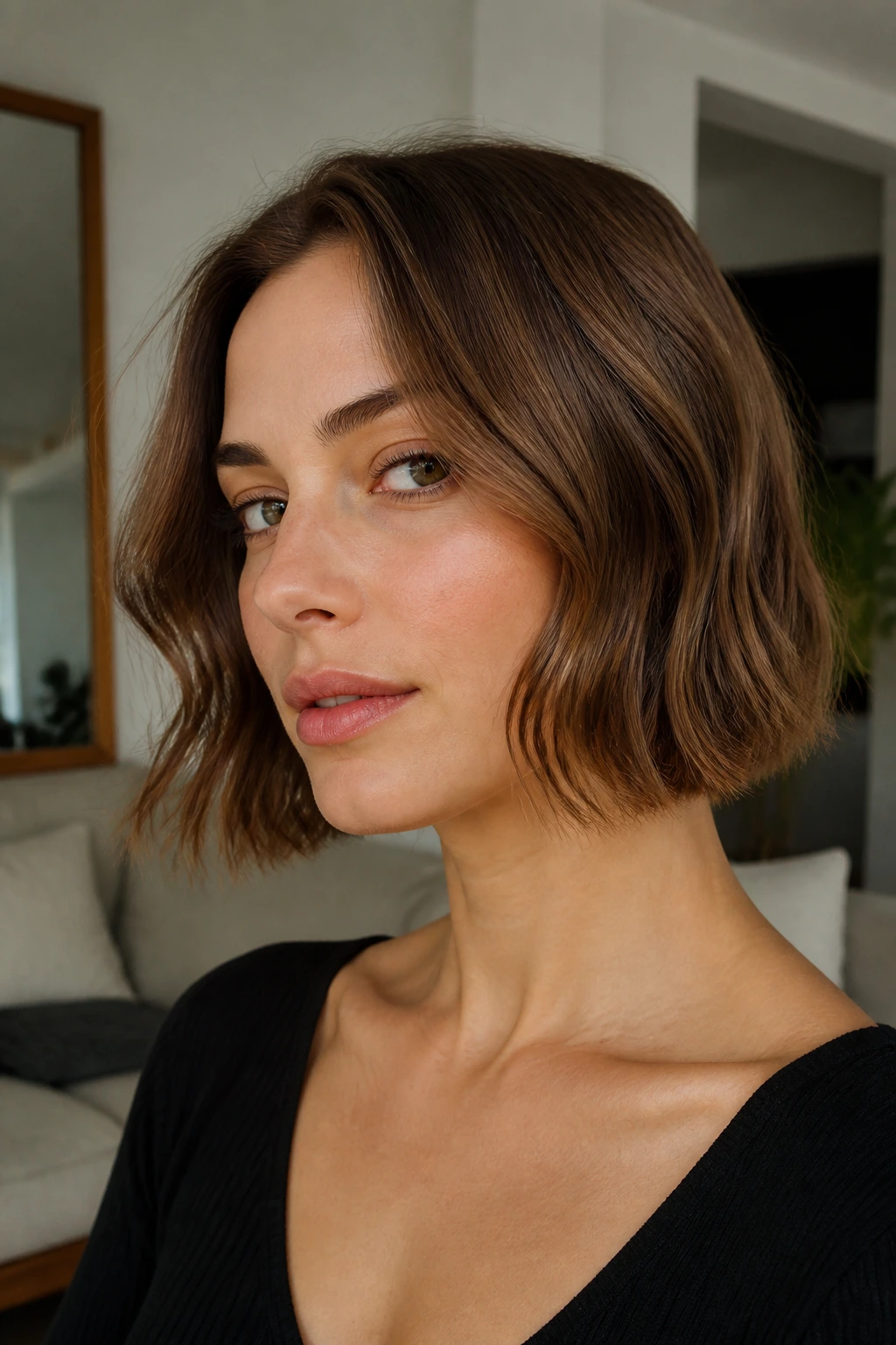 Portrait of a real woman with face-framing bent bob at chin length