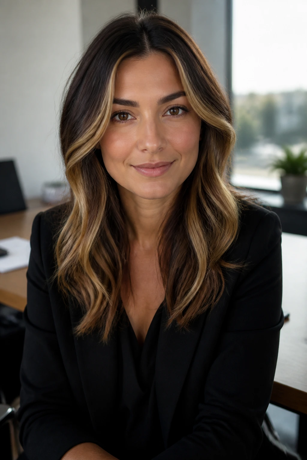 Close-up portrait of a real woman with face-framing blonde on brunette hair in an office setting.