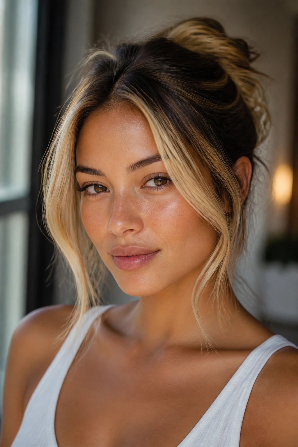 Close-up portrait of a real woman with face-framing bright blonde highlights around the cheeks