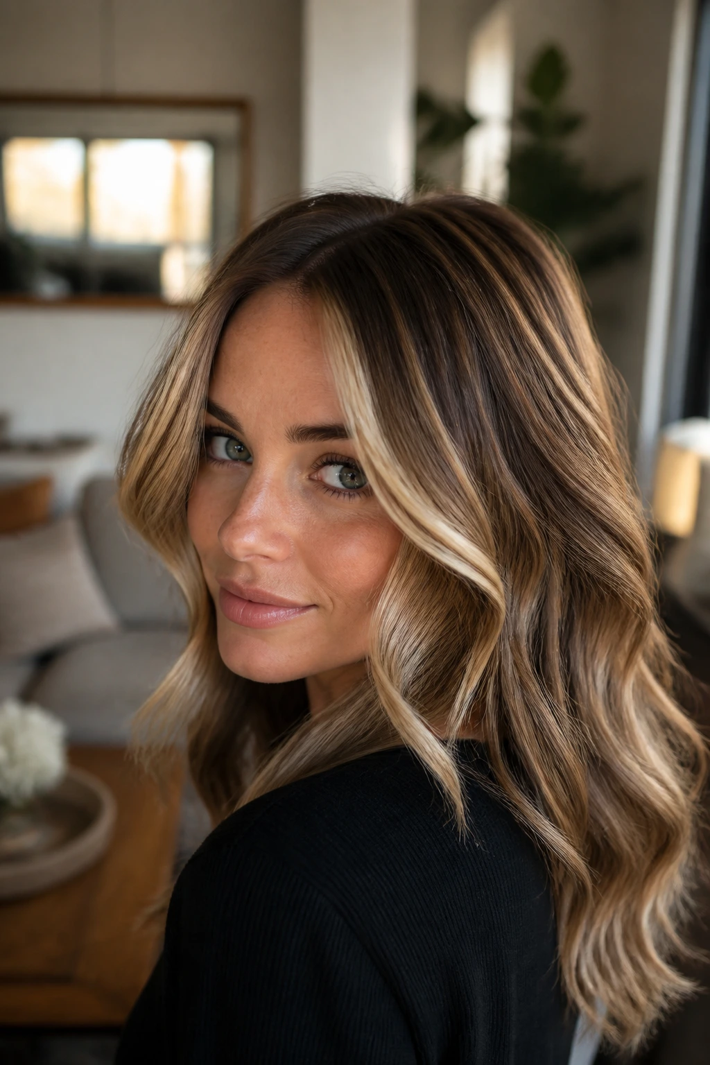 Portrait of brunette with intentional blonde placement around face.