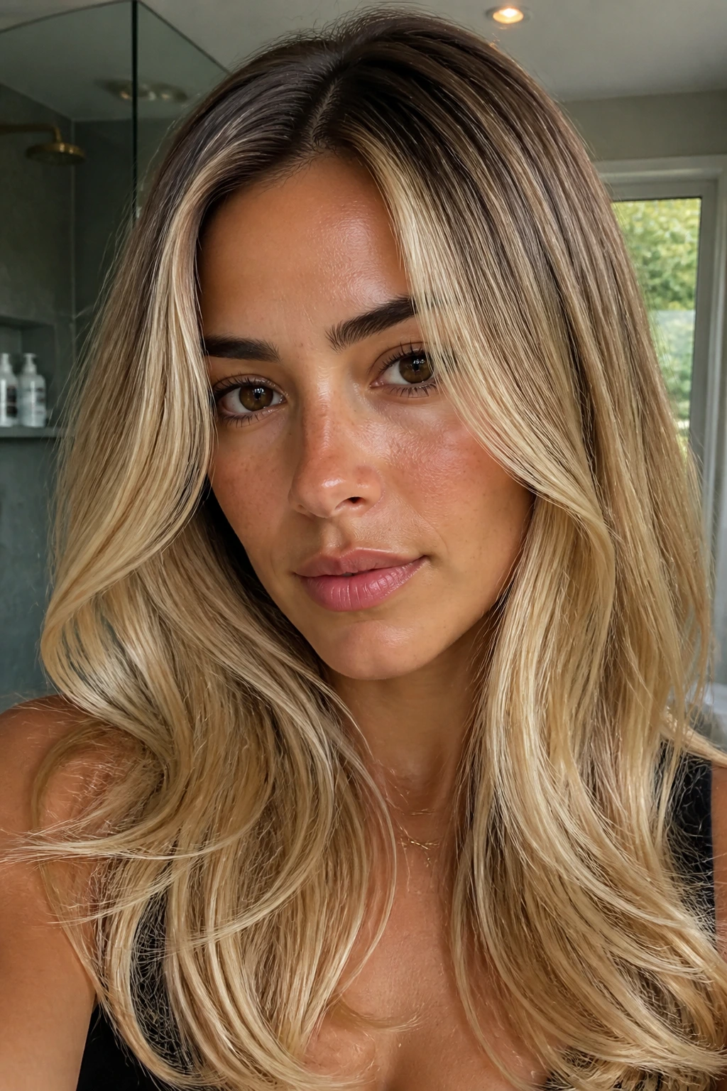 Portrait of a real woman with golden blonde hair and face-framing highlights in warm light