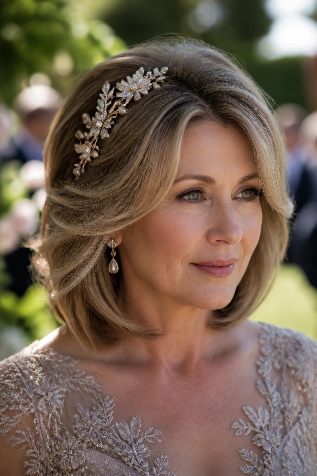 Close-up of a real woman with a soft face-framing blowout and decorative headpiece
