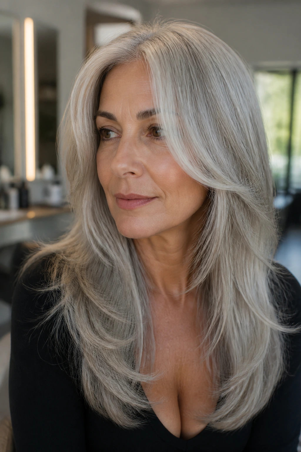 Medium close-up of a real woman with face-framing silver blowout layers.