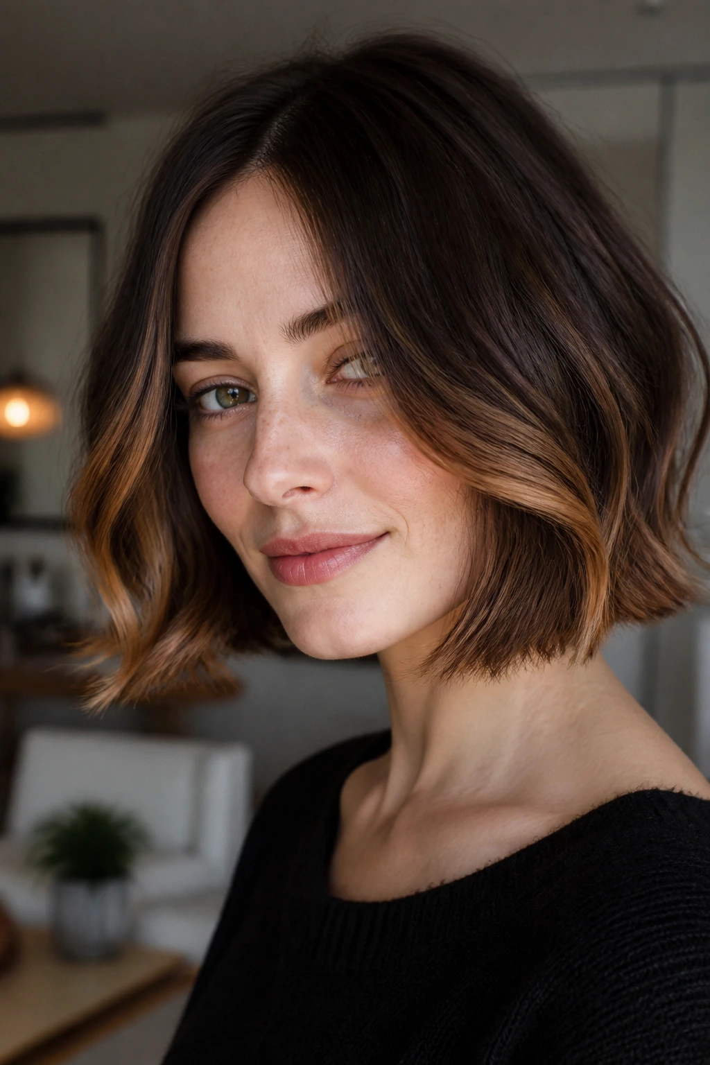 Close-up of dark brown bob with caramel ends framing the face