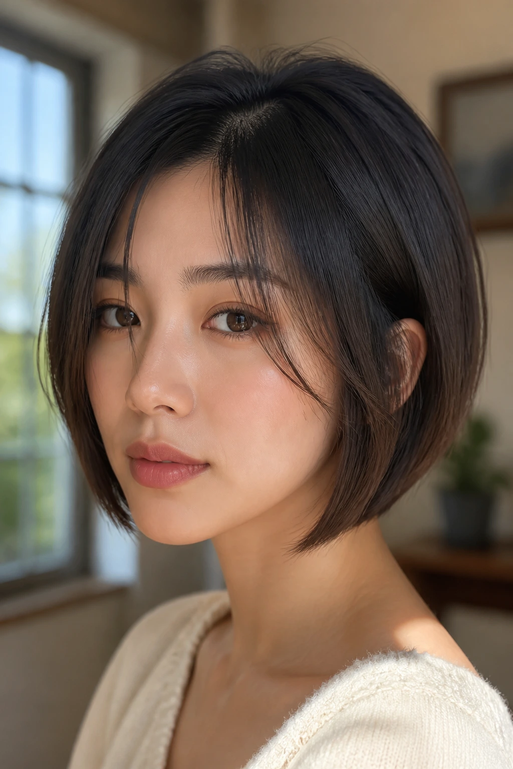 Portrait of a real woman with a face-framing bob highlighting cheekbones