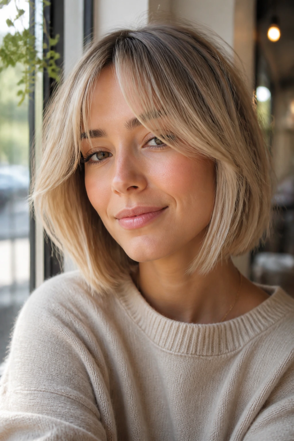 Woman with face-framing bob and curtain bangs in bright natural light