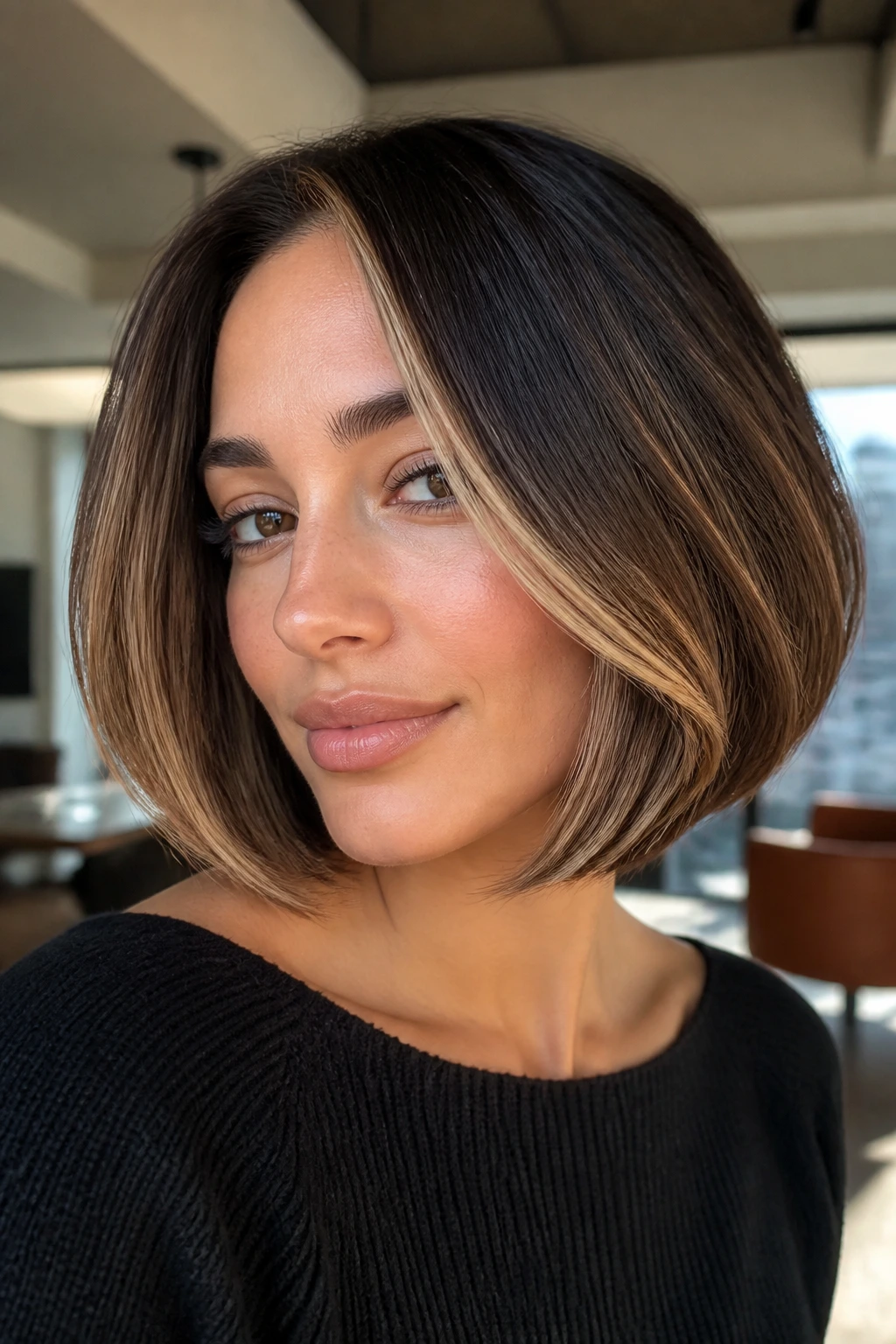 Portrait of a real woman with a rounded bob featuring face-framing caramel and honey highlights