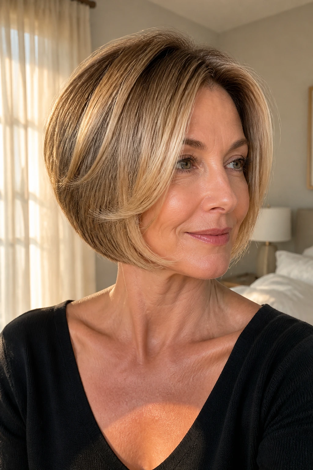Close-up portrait of a real woman with bob face-framing layers around the cheeks