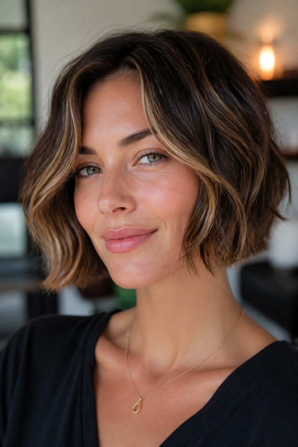 Portrait of a woman with a face-framing wave bob.