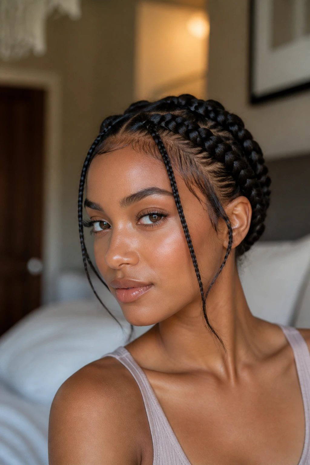 Close-up of a woman with face-framing crown French braids along the hairline in a softly lit bedroom