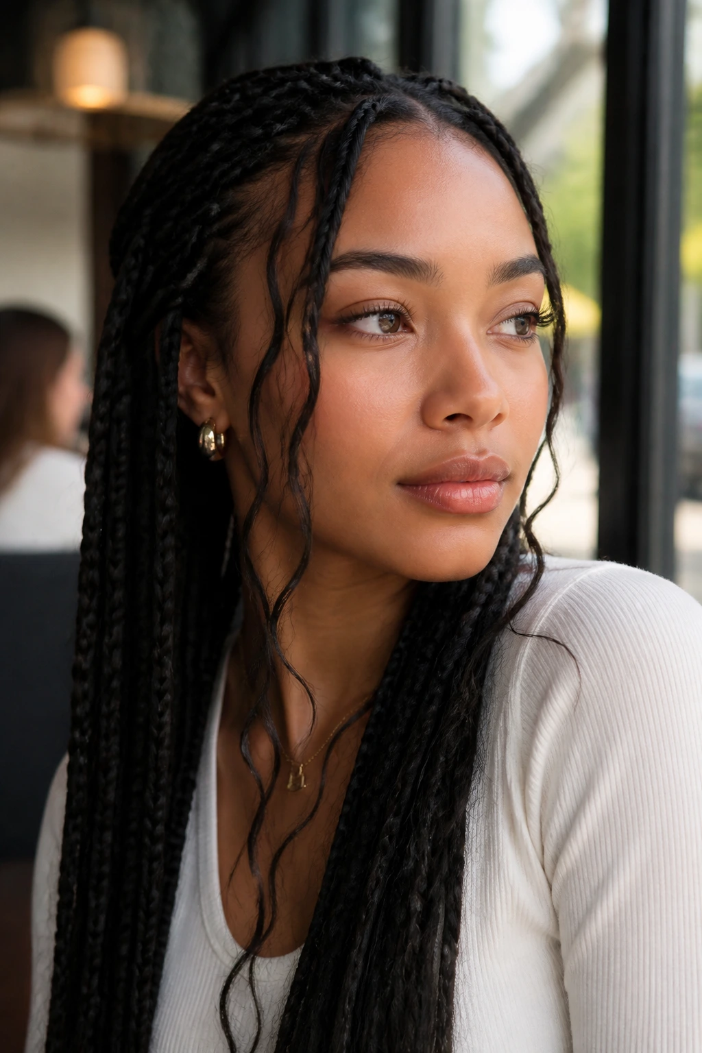 Close-up of long braids with face-framing pieces on a real person.