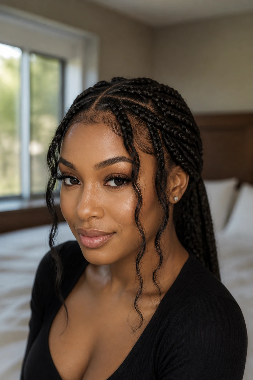 Close-up of a real woman with face-framing accent braids and tendrils in soft window light
