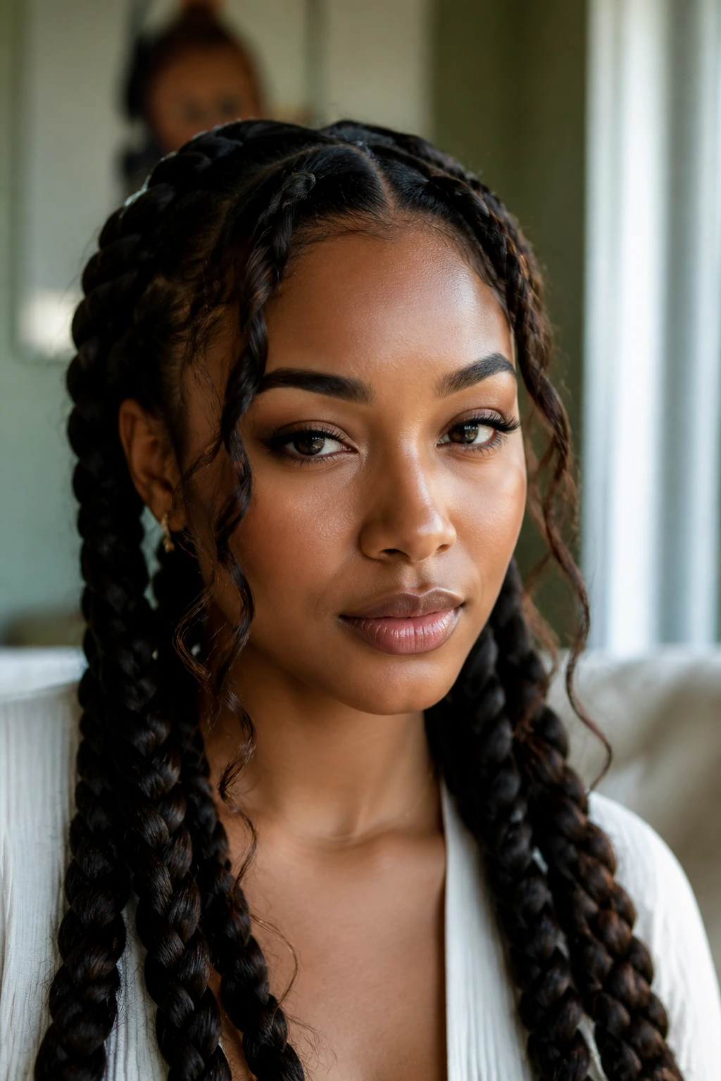 Close-up of a real woman wearing face-framing jumbo braids with loose temple tendrils