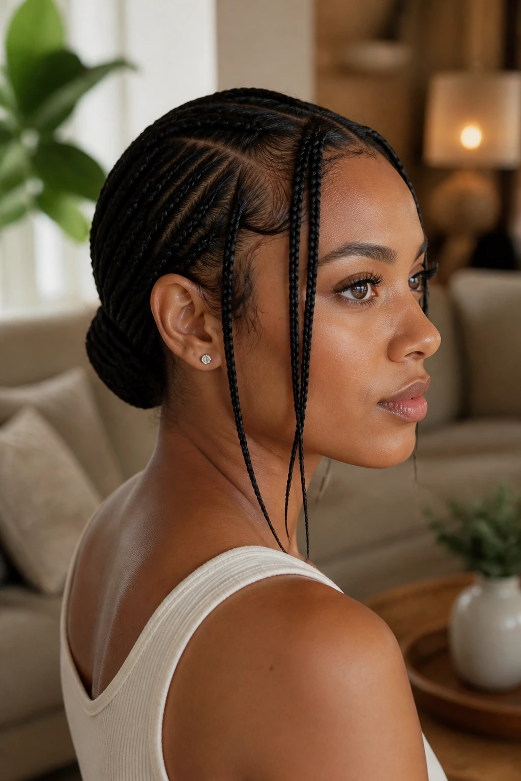 Close-up side-view of a real person with face-framing braids and tucked nape