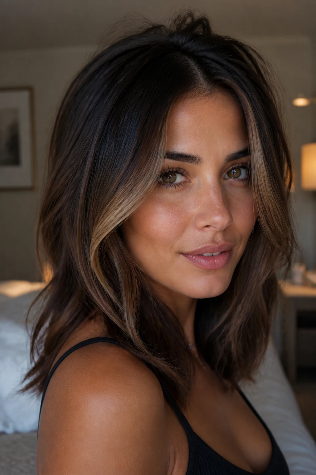 Brunette with brighter front pieces framing the face.