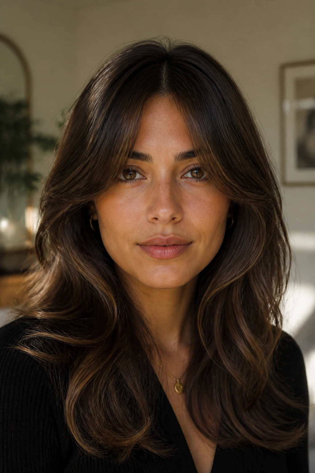Portrait of a brunette with face-framing hairstyle on olive skin