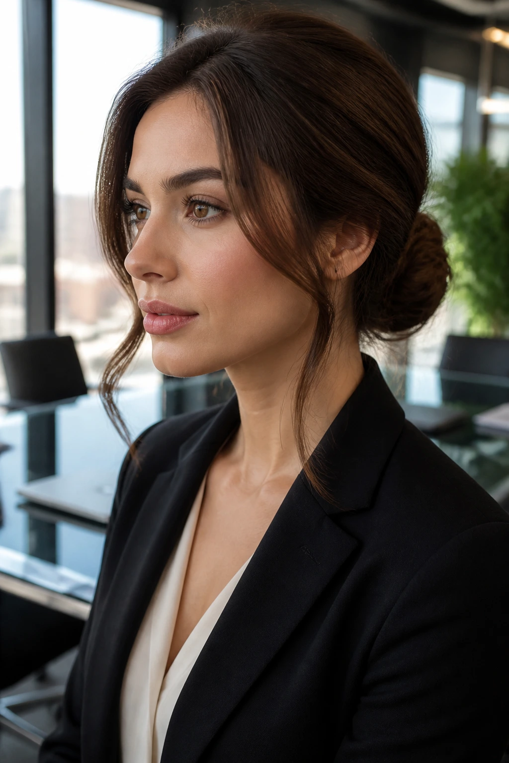Woman with face-framing low bun and front pieces in a modern office