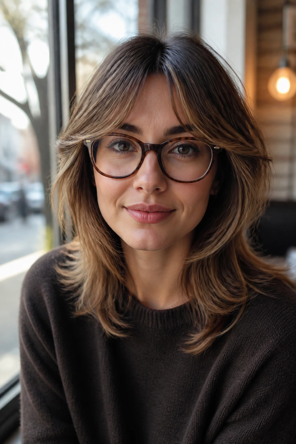 Close-up of a person wearing glasses with a face-framing butterfly cut around the frames.