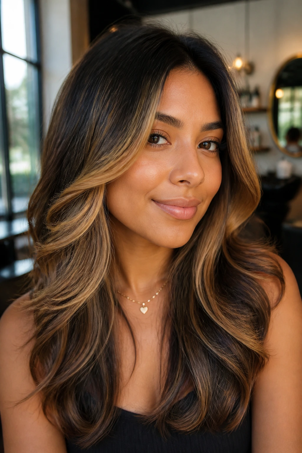 Close-up portrait of a real woman with face-framing panels on a butterfly cut in honey caramel on tan skin