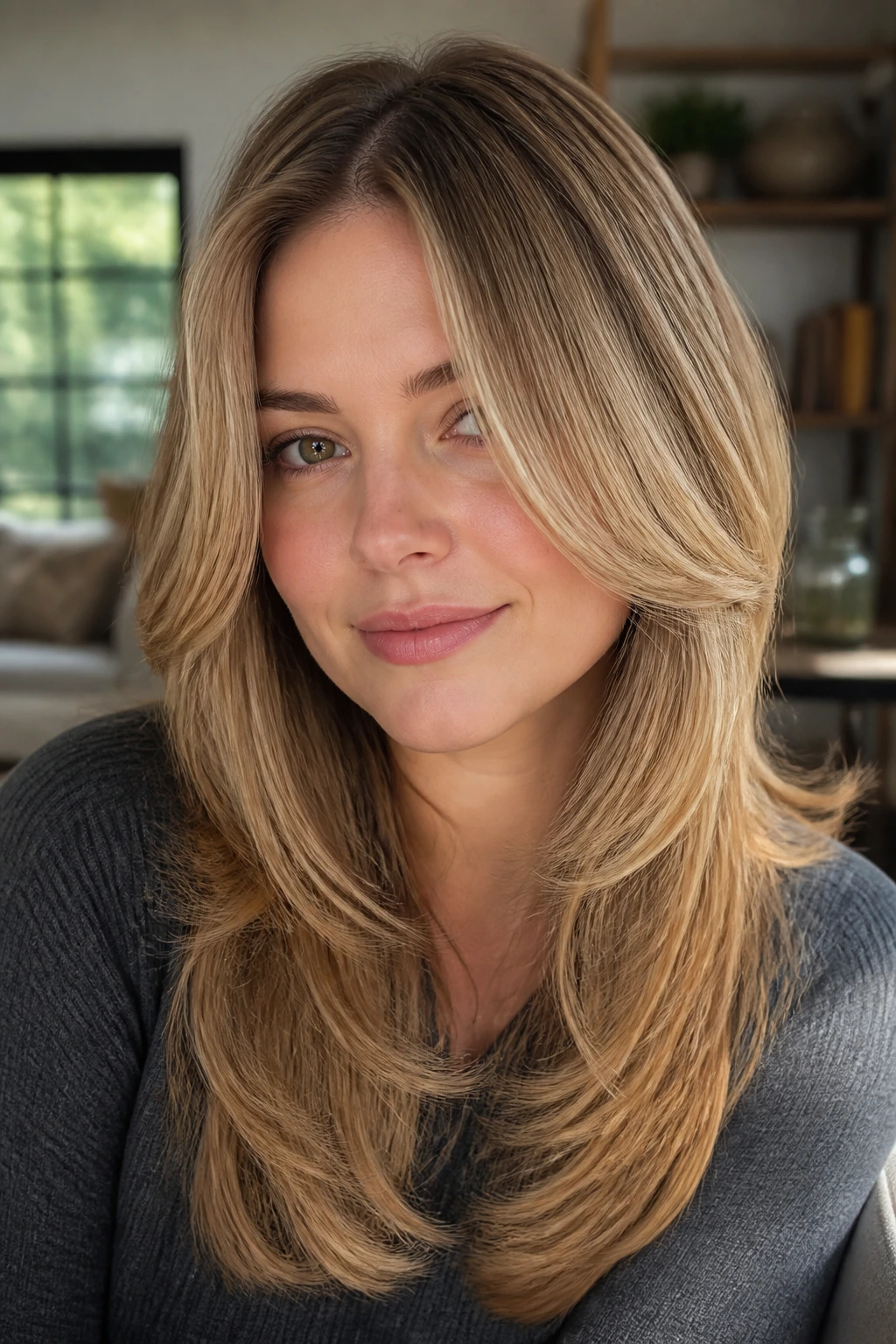Close-up of a real woman with butterfly lite hairstyle showing front face-framing pieces