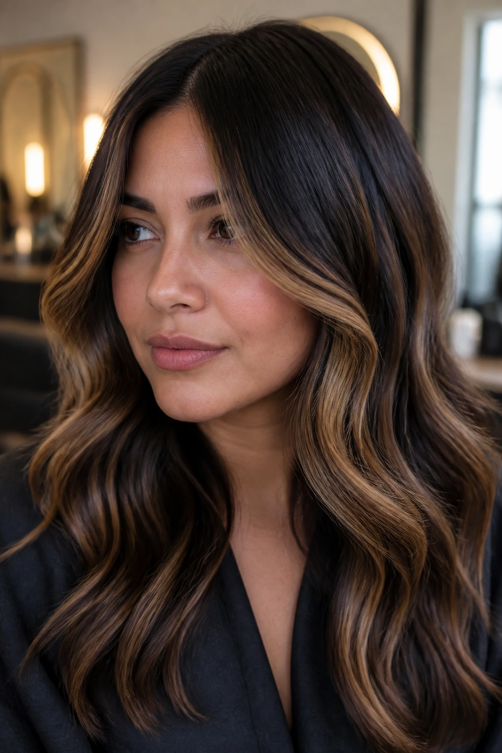 Close-up of face-framing camel ribbons starting below the cheekbone on a real woman's hair