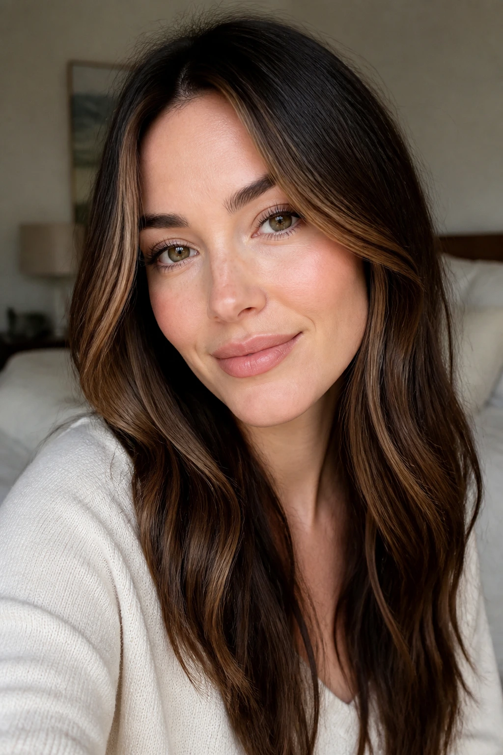 Close-up of face-framing caramel ribbons on dark brown hair.