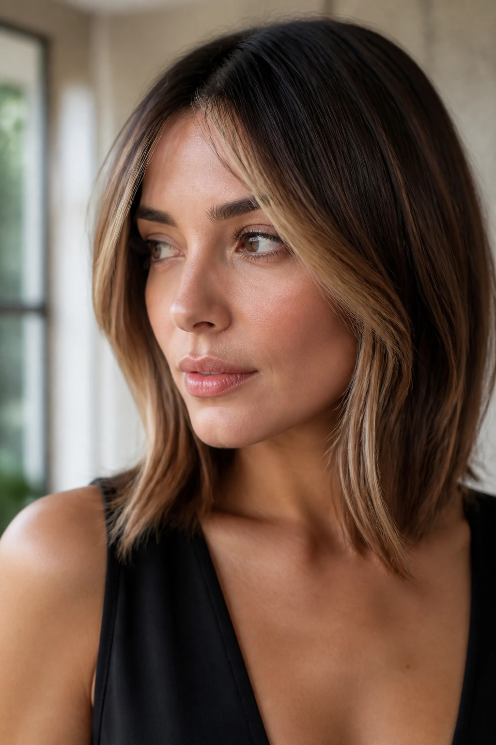 Close-up portrait of a real woman with face-framing caramel contour highlighting temples and jawline